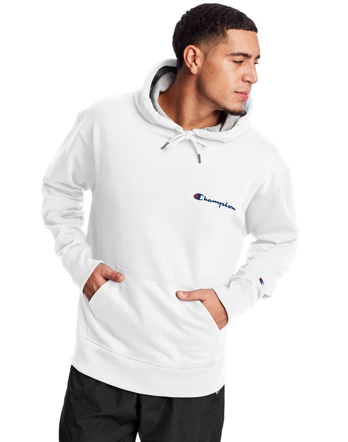 Champion Herre Hættetrøje Hvide - Powerblend Fleece Script Logo - Danmark QZV-947810